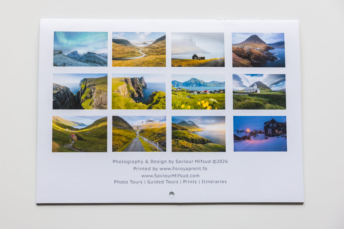 Faroe Islands Wall Calendar 2027, back cover showing all twelve monthly photos